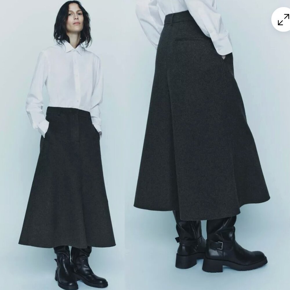 NWT Zara Wool Blend Cape Skirt XS Gray 7522/255 Midi Office Menswear